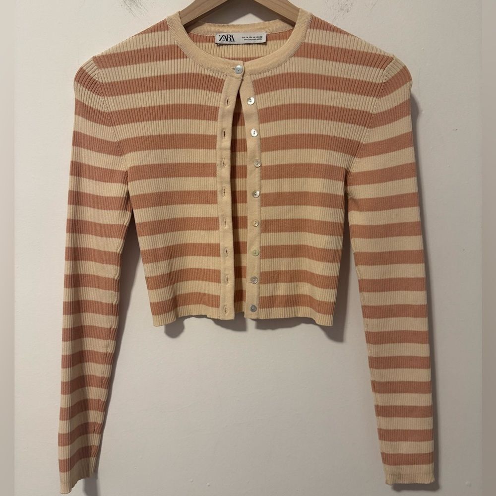 Zara Dusty Rose and Tan Striped Cardigan Medium